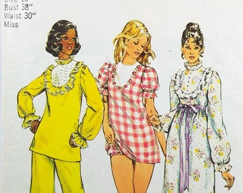 Nightgown or Pajama Sewing Pattern Simplicity 6047 Bust 38 High Waist Panties Babydoll Puff Sleeve Prairie Nightwear