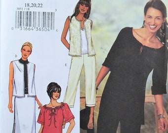 Loose Fit Separates Sewing Pattern Butterick 3851 Size 18 20 22 Vest Tunic Top Cropped Pants Mini or Maxi Skirt Elastic Waist