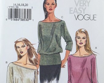 Loose Fit Pullover Top Sewing Pattern Vogue V 7933 Size 14 16 18 20 Designed for Knits Very Easy to Sew Bateau Neckline