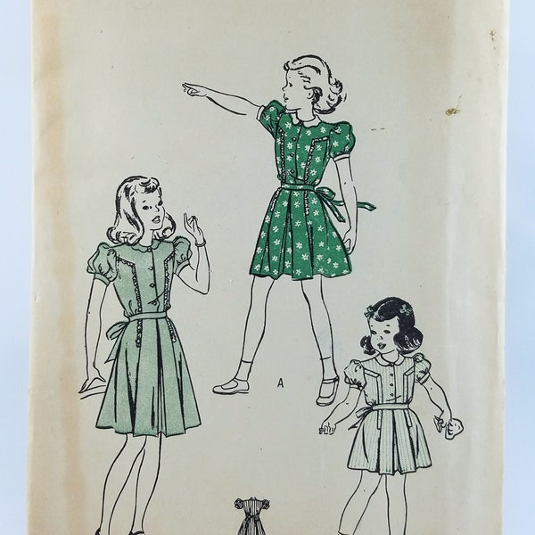 Vintage Girls Dress Pattern Butterick 3878 Size 8 Puff Sleeves 1940s Sewing