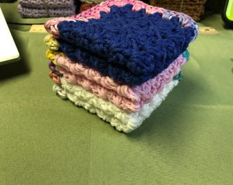 Set of 3 Crocheted Cotton Washcloths: Variegated Border, Durable Facial Cloths