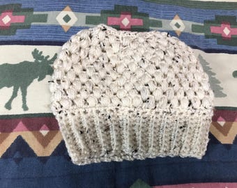 Crocheted Puff Stitch Messy Bun Beanie