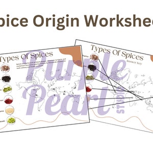 Puede incluir: Un mapa mundial en blanco y negro con alfileres que marcan el origen de varias especias, incluyendo la pimienta de Jamaica, la pimienta negra, el cardamomo, el azafrán, el sésamo y el wasabi. El texto "Types of Spices" y "Answer Key" es visible en el mapa.