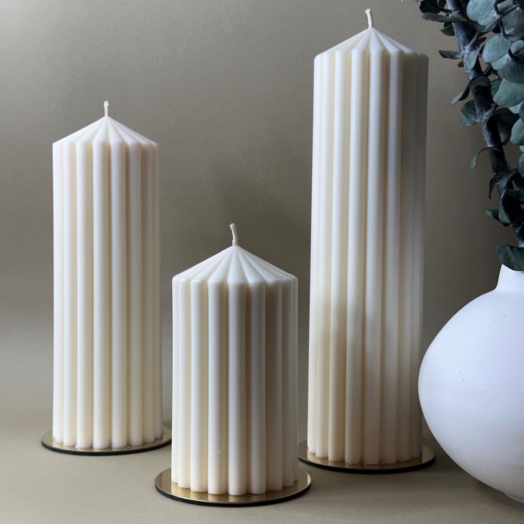 Image showcasing Large Ribbed Pillar Candle - Tall Pillar Candle - Thick Ribbed Pillar ...