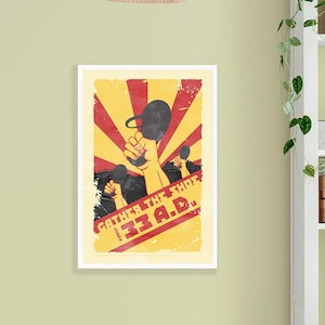 May include: A vintage-style poster with a red, yellow and black colour scheme. The poster features a raised fist holding a microphone with the text "Gather the sheep 133A.D." printed below.