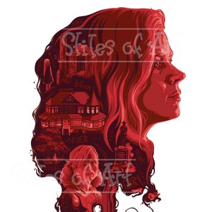 Puede incluir: Ilustraci&oacute;n roja y granate del perfil de una mujer, con una escena interior detallada que representa una casa, una ni&ntilde;a y texto. La ilustraci&oacute;n tiene forma de cabeza y pelo de mujer, con una botella en la parte inferior. La palabra "Dirt" es visible en la botella.