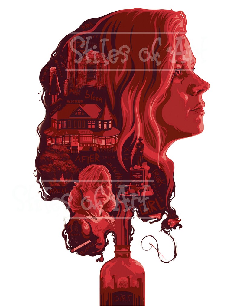 Puede incluir: Ilustraci&oacute;n roja y granate del perfil de una mujer, con una escena interior detallada que representa una casa, una ni&ntilde;a y texto. La ilustraci&oacute;n tiene forma de cabeza y pelo de mujer, con una botella en la parte inferior. La palabra "Dirt" es visible en la botella.