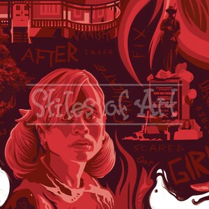 Puede incluir: Obra de arte roja y granate con un retrato de una ni&ntilde;a con coletas, rodeada de texto e ilustraciones. Las palabras "AFTER", "VANISH" y "SCARED" son visibles. Tambi&eacute;n se representa una estatua y una casa.
