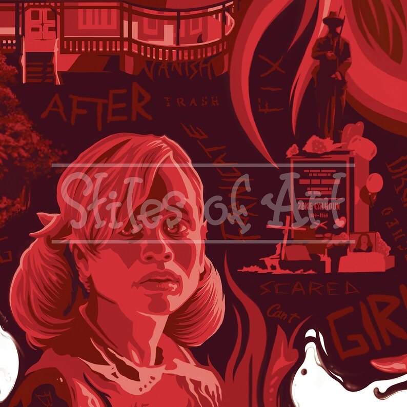 Puede incluir: Obra de arte roja y granate con un retrato de una ni&ntilde;a con coletas, rodeada de texto e ilustraciones. Las palabras "AFTER", "VANISH" y "SCARED" son visibles. Tambi&eacute;n se representa una estatua y una casa.