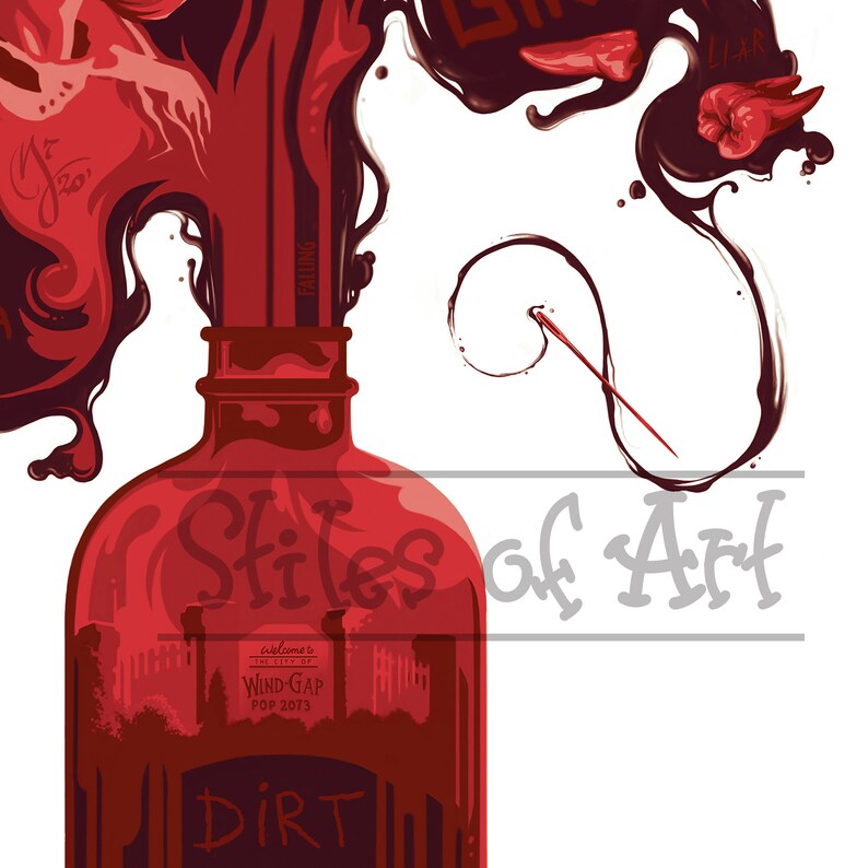 Puede incluir: Ilustraci&oacute;n roja y marr&oacute;n que presenta una botella con la palabra "DIRT" en la parte inferior. La botella est&aacute; llena de un l&iacute;quido oscuro que se derrama, con las palabras "LIAR" y "GIRL" encima. Tambi&eacute;n es visible el texto "Stiles of Art".