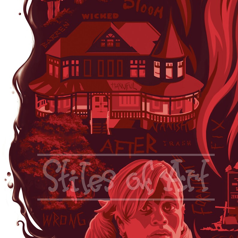 Puede incluir: Una impresi&oacute;n de arte digital roja y negra que presenta una casa victoriana con las palabras "Wicked" y "Harmful" encima. La impresi&oacute;n tambi&eacute;n incluye el texto "Stiles of Art" y el rostro de una mujer.