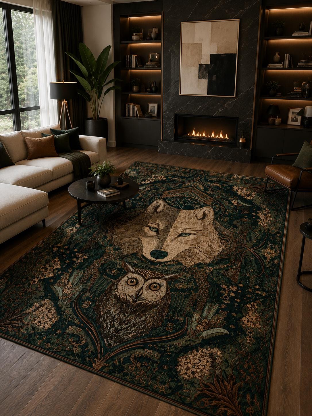 Wolf Owl Rug Dark Forest Area Rug, Vintage Woodland Animal Carpet, Gothic Botanical Decor, Dark Acad