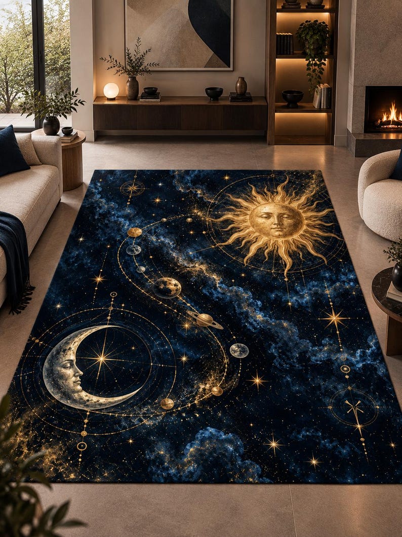 Moon Face Rug Celestial Sun Moon Rug, Cosmic Astrology Carpet, Navy Blue Gold Space ...