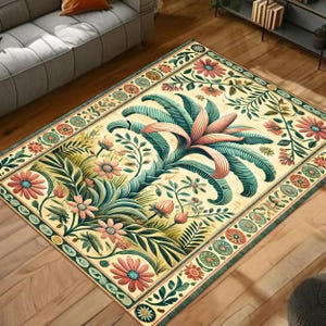 Tropical Botanical Rug with Floral Pattern, Beige and Green Area Carpet for Living Room, Nature Inspired Home Decor
