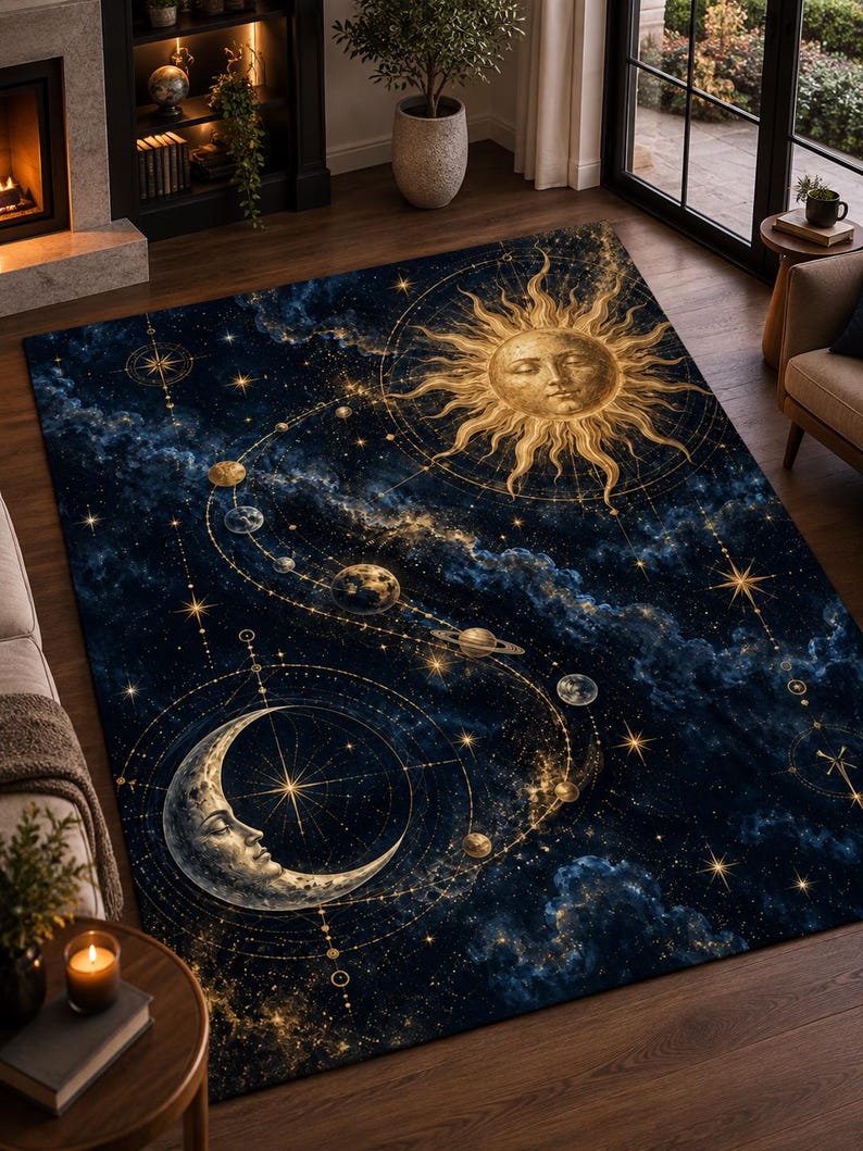 Moon Face Rug Celestial Sun Moon Rug, Cosmic Astrology Carpet, Navy Blue Gold Space ...