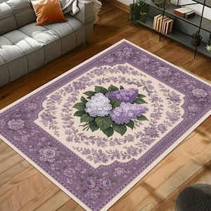 Purple Floral Area Rug with Lilac Bouquets, Perfect for Living Room, Bedroom, and Home Decor, Elegant and Stylish