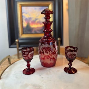 Bohemian (Czech) cut-to-clear ruby glass decanter with (2) matching cordial glasses.