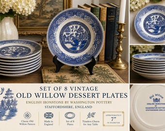 Vintage Set of 8 Old Willow Bread & Butter / Dessert Plates | Washington Pottery Staffordshire England | Blue White English Ironstone | 7in