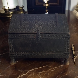Antique 19th Century Indian Dowry Chest: Hand-Carved Wood & Metal Trunk