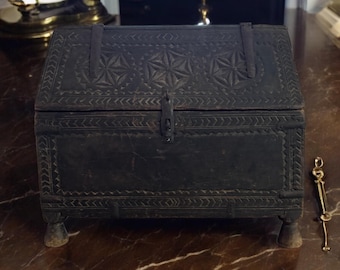 Antique 19th Century Indian Dowry Chest: Hand-Carved Wood & Metal Trunk