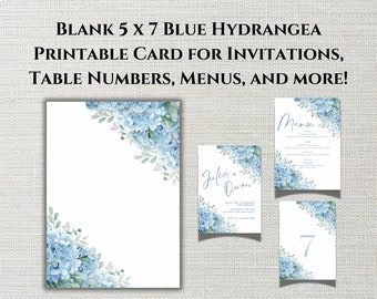 5 x 7 Blue Hydrangea Template for Bridal Shower Invitations, Blank Template, Printable Cards, Stationery and Custom Signage