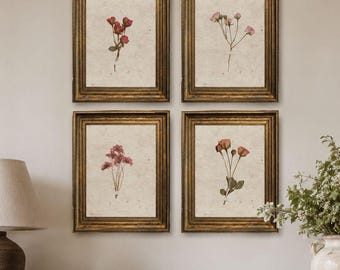 Set of 4 Vintage Pressed Flower Wall Art, Antique Floral Printable Wall Decor, 8x10 Digital Download