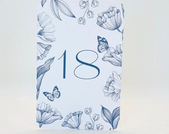 Blue Floral Wedding Table Number Cards,  Table Numbers, Wedding