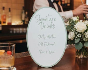 Sage Green Oval Signature Cocktail Sign | Modern Minimalist Wedding Bar Menu (Digital Download)
