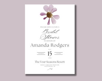 Printed Bridal Shower Invitation, Boho Floral Bridal Shower Invitation with Pressed Floral, Set of 25