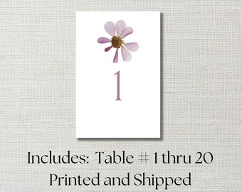 Table Numbers with Pressed Flower Illustrations for Weddings, Showers, and Dinner Parties, 1 thru 20