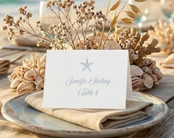 Dusty Blue Starfish Place Cards: Beach Wedding Seating, Set of 100