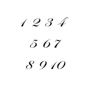 May include: A set of black numbers from one to ten arranged in three rows. The digits are presented in a slanted, elegant serif typeface against a plain white background, clearly displaying the sequence 1, 2, 3, 4, 5, 6, 7, 8, 9, and 10.