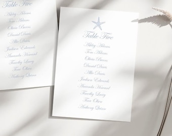 Starfish Beach Wedding Seating Chart: Dusty Blue Calligraphy, Tables 1-20