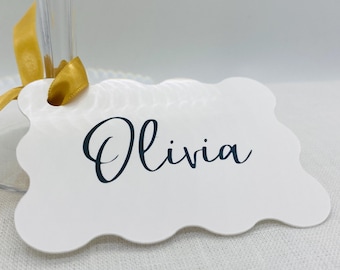 Wavy Place Card with Ribbon Tie, Personalized Name Tag, Scalloped Wedding Escort Card, Set of 10