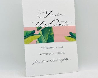 Tropical Banana Leaf Pink and Green  Belly Bands for 5 x 7 Wedding Invitations (ON SALE)