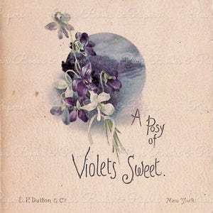 May include: Vintage floral illustration featuring a cluster of purple and white violets with green stems, set against a light blue backdrop. The text reads "A Posy of Violets Sweet."