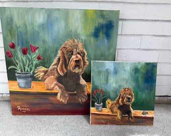 Sweet Portrait Of A Wirehaired Dog In Duo - Original Paintings in Acrylic on Canvas - Signed "M. Martel" - Choose One Or Both