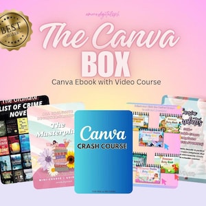 Puede incluir: Un paquete de productos digitales para Canva, que incluye un libro electrónico y un curso en video. La imagen de portada muestra un diseño colorido con el texto "The Canva Box" y "Canva Ebook with Video Course".
