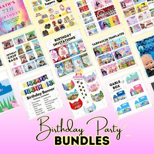 Bundel kinderfeestje, verjaardagsmok, ref. magneet, verjaardagsbanner, verjaardagszeildoek, geveldoos, feestmutsen, verjaardagsuitnodigingen