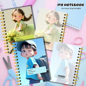 May include: Notebooks with cartoon illustrations of children. The notebooks have gold spiral binding and the text "MY NOTEBOOK" and "amore.digitalsph". Some notebooks have a label for subject, grade/section, and teacher. One notebook has a barcode with "40 LEAVES".