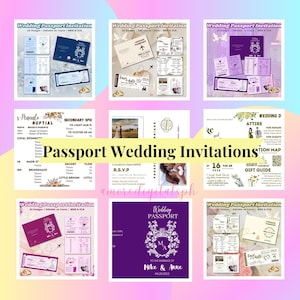 Sjablonen voor huwelijksuitnodigingen in paspoortstijl, bewerkbaar in canvas, direct download, met PLR