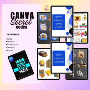 Op de afbeelding: Een digitale productweergave met tablets met Canva-gerelateerde inhoud. De tablets tonen "Canva Secret Codes" en bevatten onderwerpen als lettertypen, texturen en elementen. De afbeelding benadrukt ook "Canva Elements Brand Codes" en "Canva Templates Keywords."
