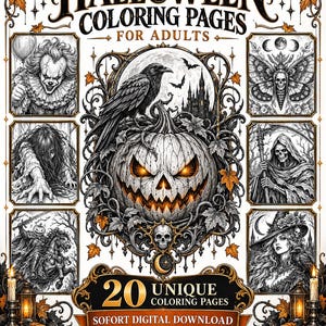 Könnte beinhalten: Eine Sammlung von Halloween-Malvorlagen für Erwachsene mit 20 einzigartigen Motiven. Das Cover zeigt einen zentralen Kürbis mit einem Raben, umgeben von sechs detaillierten Illustrationen, darunter ein Clown, ein Totenkopf-Falter und ein Sensenmann.