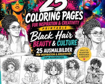 25 Black Girl Coloring Pages Printable | Afro Beauty Coloring Book | Digital Download Coloring Pages | Curly Hair Art