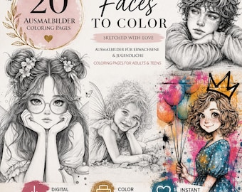 Faces to Color – 20 Printable Coloring Pages | Digital Download for Adults & Teens