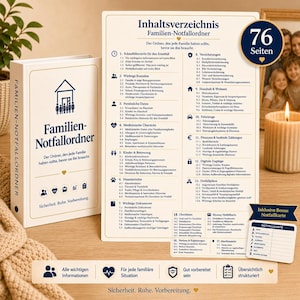 May include: A white binder titled Familien-Notfallordner with a house icon and a table of contents page listing 17 sections including contacts, medical data, and documents. A small card labeled Notfallkarte is included, and a blue badge states 76 Seiten.