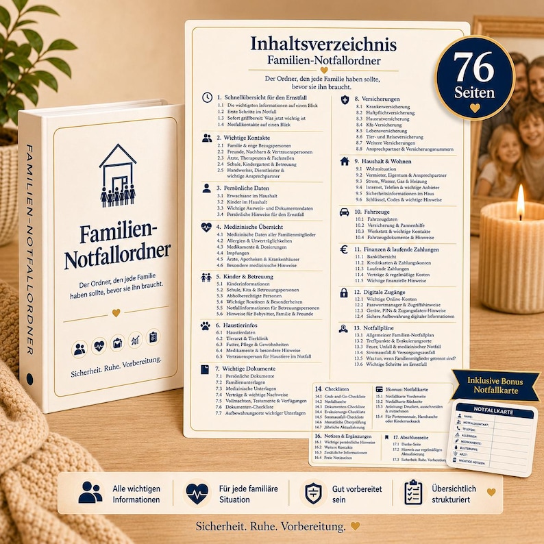May include: A white binder titled Familien-Notfallordner with a house icon and a table of contents page listing 17 sections including contacts, medical data, and documents. A small card labeled Notfallkarte is included, and a blue badge states 76 Seiten.