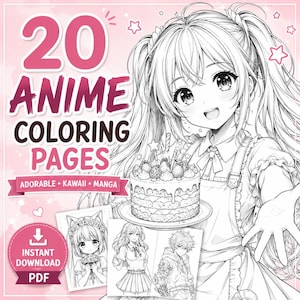 Könnte beinhalten: Ein rosa-weißes Cover für einen digitalen Download von 20 Anime-Malvorlagen. Das Cover zeigt einen lächelnden Anime-Charakter, der einen Kuchen hält, mit zusätzlichen Malvorlagenbeispielen darunter. Der Text enthält "20 Anime-Malvorlagen" und "Adorable, Kawaii, Manga".
