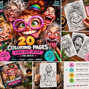 K&ouml;nnte beinhalten: Eine digitale Sammlung von 20 Ausmalbildern mit dem Titel Funny Faces Edition f&uuml;r Erwachsene. Das Cover zeigt bunte, &uuml;bertriebene Cartoon-Gesichter mit breitem Grinsen und leuchtenden Brillen. Enth&auml;lt Texte wie Instant Download, High Quality Printables und Relax, Color, Laugh, Repeat. Das Set umfasst verschiedene schwarz-wei&szlig;e Strichzeichnungen von humorvollen Charakteren zum Ausmalen.