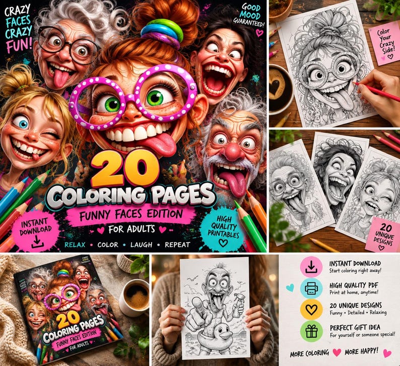 K&ouml;nnte beinhalten: Eine digitale Sammlung von 20 Ausmalbildern mit dem Titel Funny Faces Edition f&uuml;r Erwachsene. Das Cover zeigt bunte, &uuml;bertriebene Cartoon-Gesichter mit breitem Grinsen und leuchtenden Brillen. Enth&auml;lt Texte wie Instant Download, High Quality Printables und Relax, Color, Laugh, Repeat. Das Set umfasst verschiedene schwarz-wei&szlig;e Strichzeichnungen von humorvollen Charakteren zum Ausmalen.